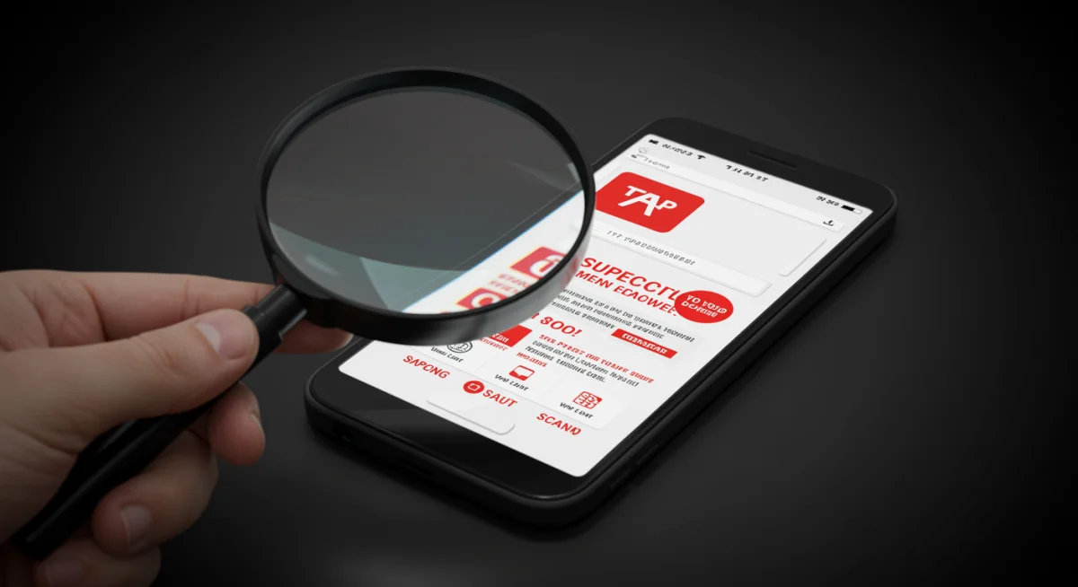 Tela de smartphone exibindo um site de compras suspeito com preços muito baixos e erros, sob uma lupa.