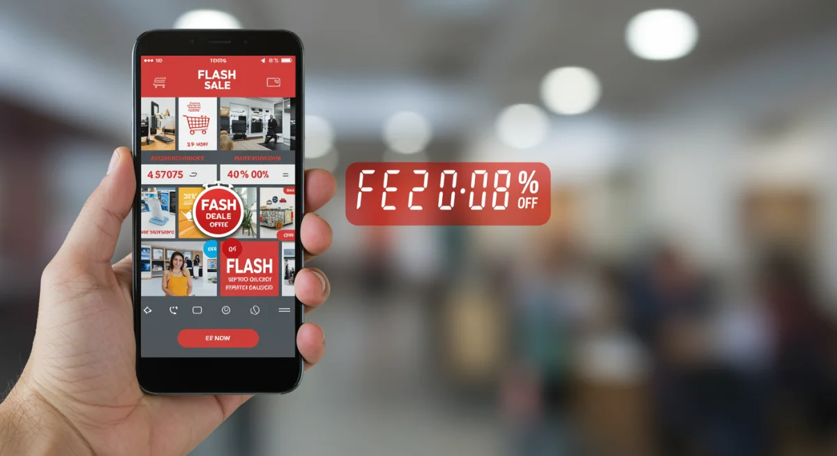 Mão segurando smartphone com aplicativo de compras e ofertas relâmpago em contagem regressiva.