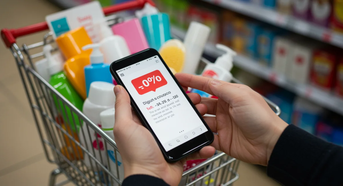 Mãos segurando um smartphone com cupom de desconto para produtos de beleza, com carrinho de compras ao fundo, ilustrando o uso de cupons digitais.