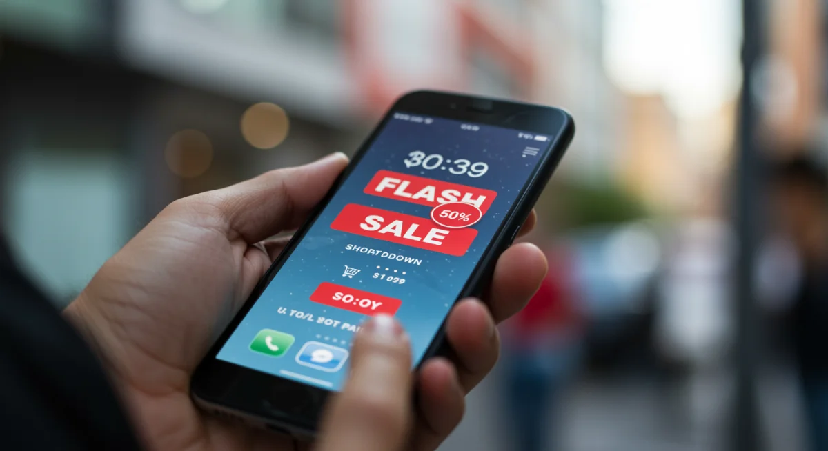 Mão segurando smartphone exibindo notificação de oferta relâmpago em aplicativo de compras com cronômetro regressivo.