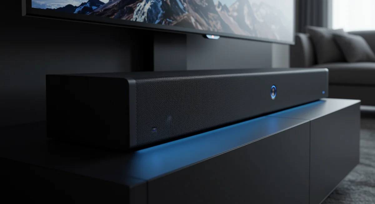 Detalhe de uma soundbar moderna e elegante, parte de um sistema de home theater, evidenciando a tecnologia de áudio avançada.
