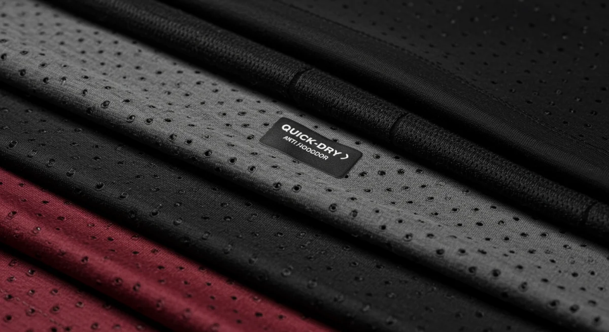 Detalhe de tecidos tecnológicos em roupas esportivas, destacando conforto e respirabilidade