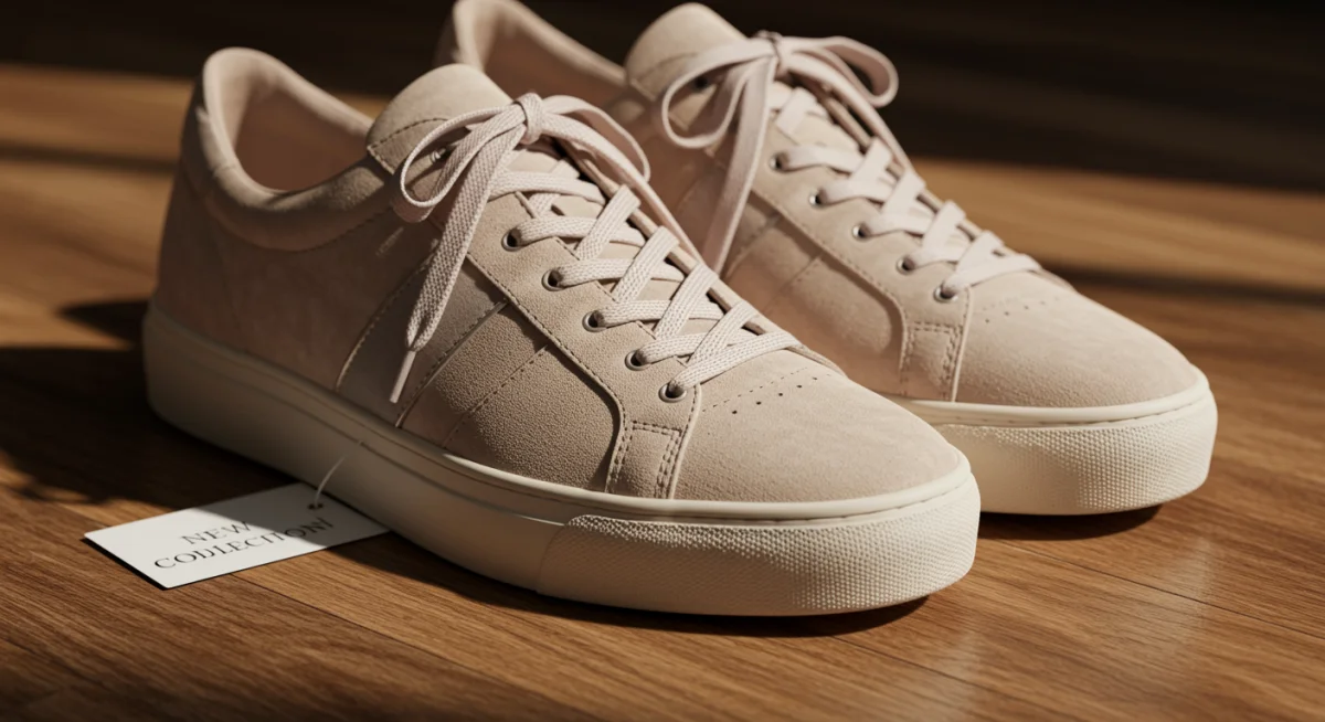 Tênis feminino elegante em tom pastel, destacando o conforto e o design moderno, apoiado em um piso de madeira.